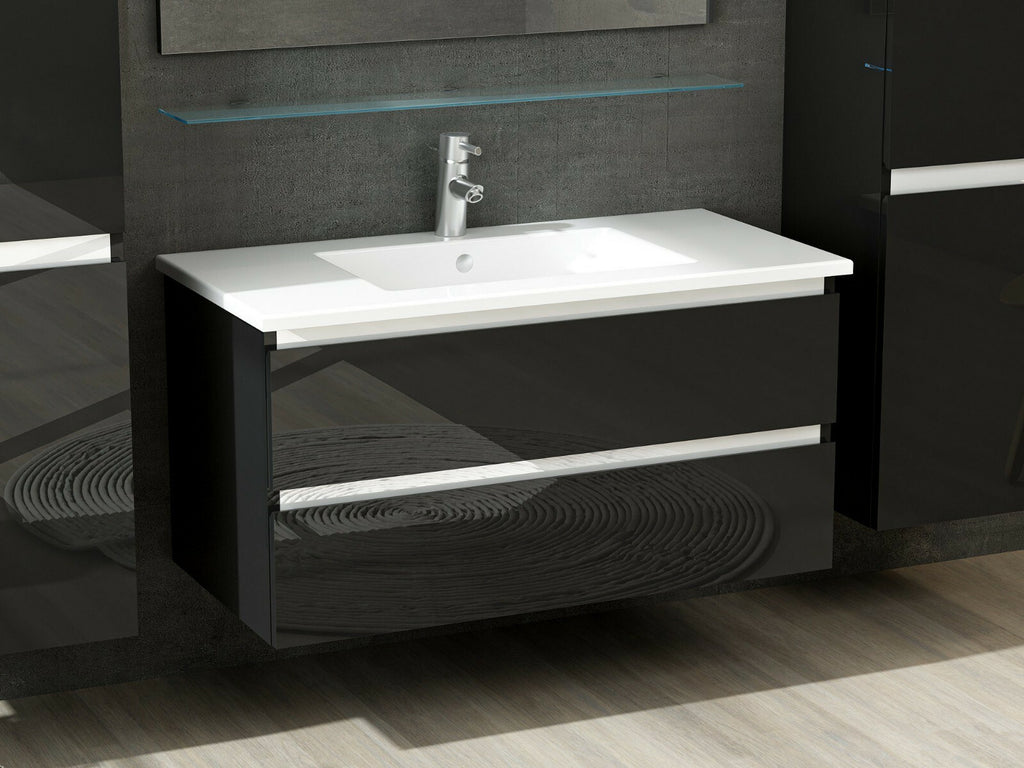Badmöbel Set montiert Schwarz Hochglanz Badezimmermöbel 60 cm bis 8tlg Bad Möbel
