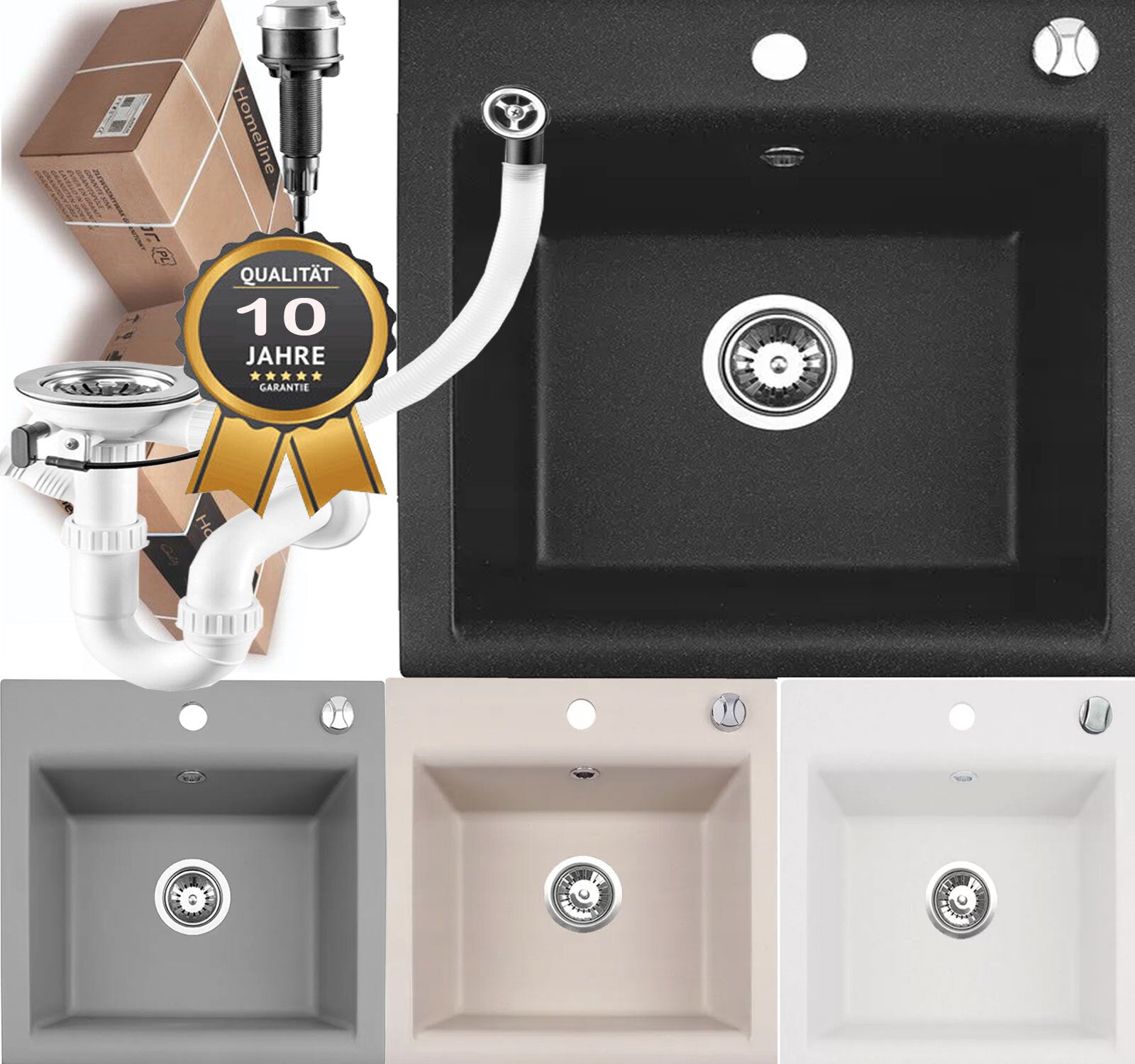 Granitspüle Küchenspüle Granit Siphon Einbauspüle Spülbecken Spüle 44x44cm Spüle