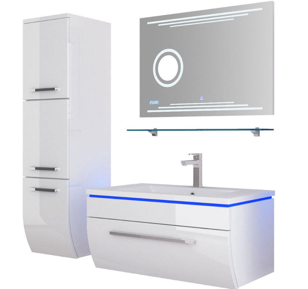 Badmöbel Set Badezimmerset Badmöbel weiß schwarz Hochglanz montiert LED Kosmetik
