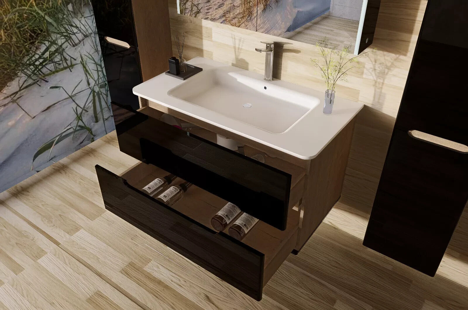 Badezimmermöbel set Badmöbel Hochglanz Eiche/ Schwarz Spiegelschrank Keramik LED