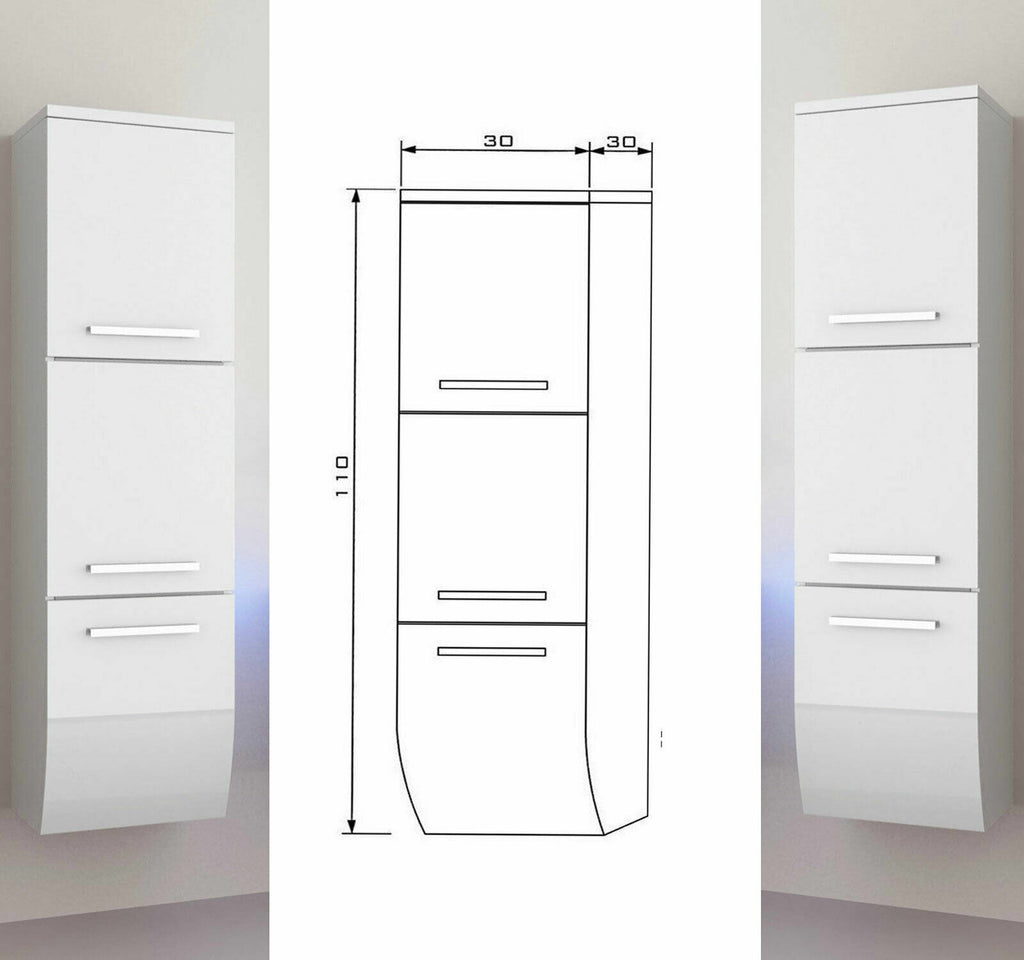 2x Seitenschrank Hochschrank Badmöbel Glanz Badschrank Weiß  110 cm