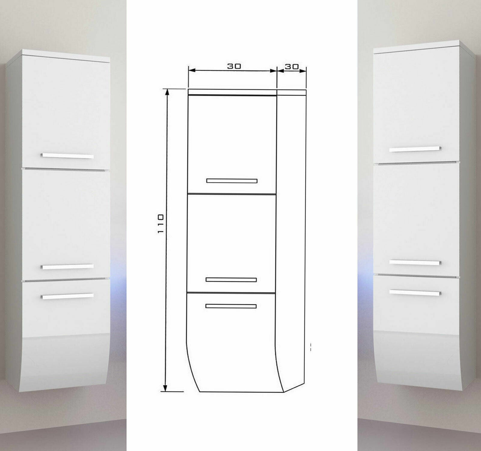 2x Seitenschrank Hochschrank Badmöbel Glanz Badschrank Weiß  110 cm