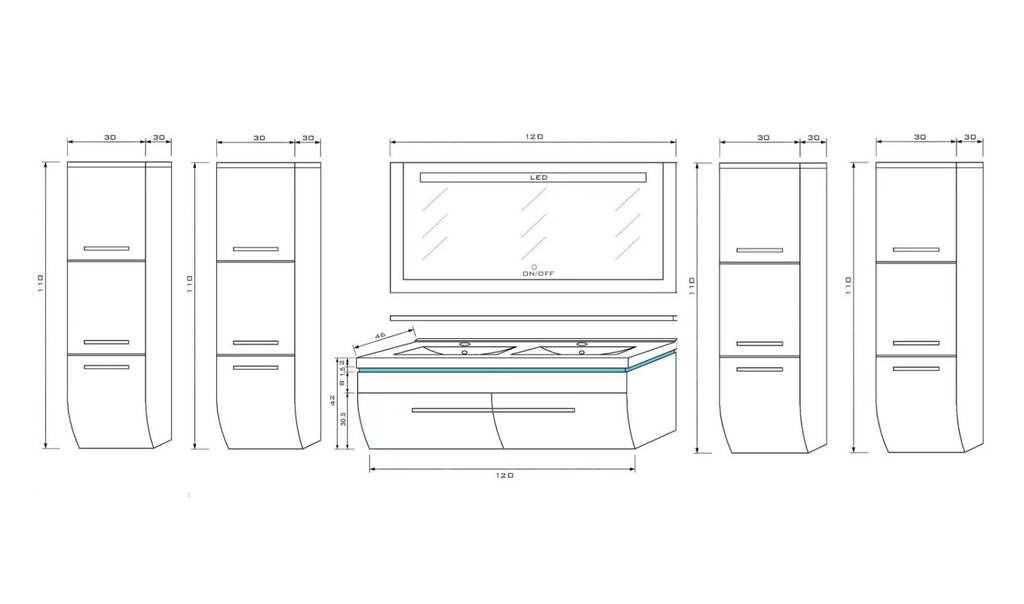 Doppelwaschtisch Doppelwaschbecken Waschbecken 240 cm Schwarz LED  Badmöbel Set