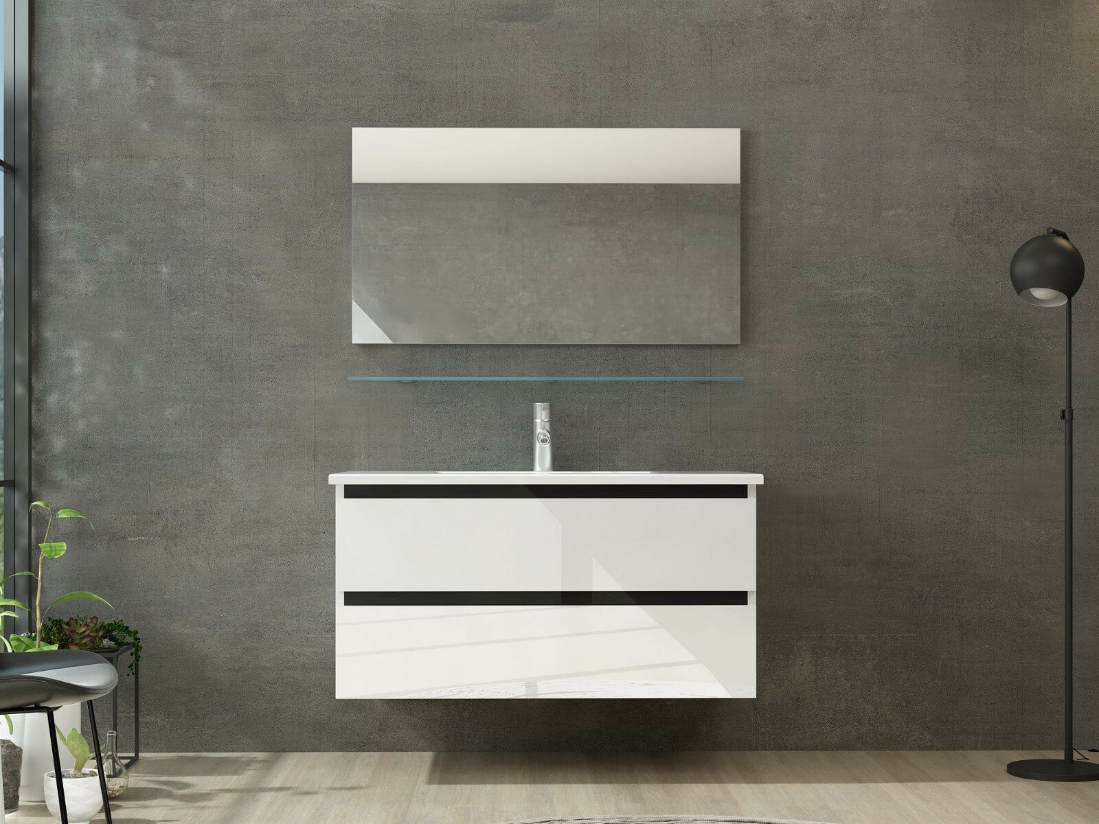 Badmöbel Set Weiss / Eiche / Schwarz Hochglanz Bad Badezimmermöbel 60- 90-120 cm