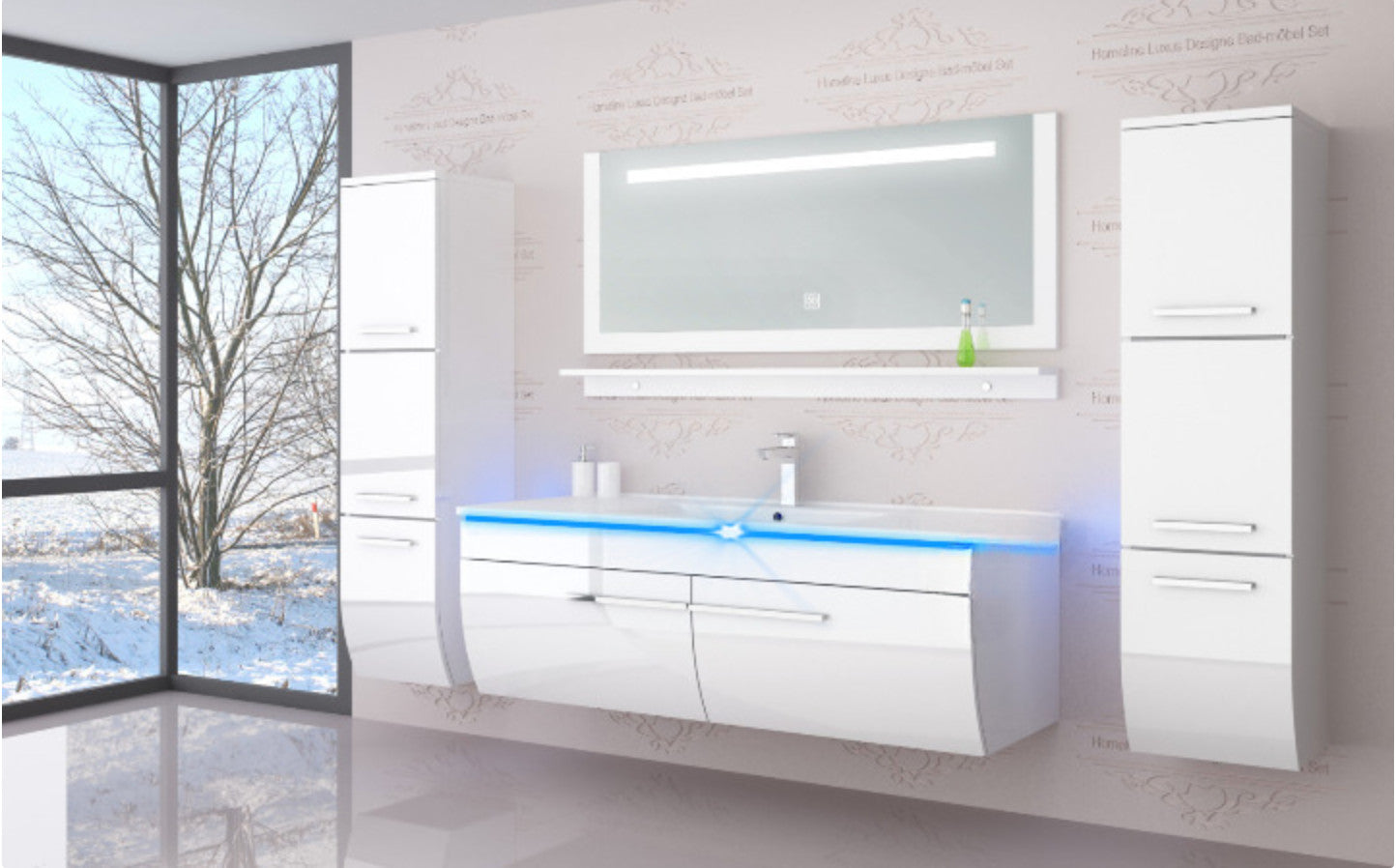 Badmöbel set hochglanz weiß Badmöbel Set montiert Touch Led System 120 cm  Bad
