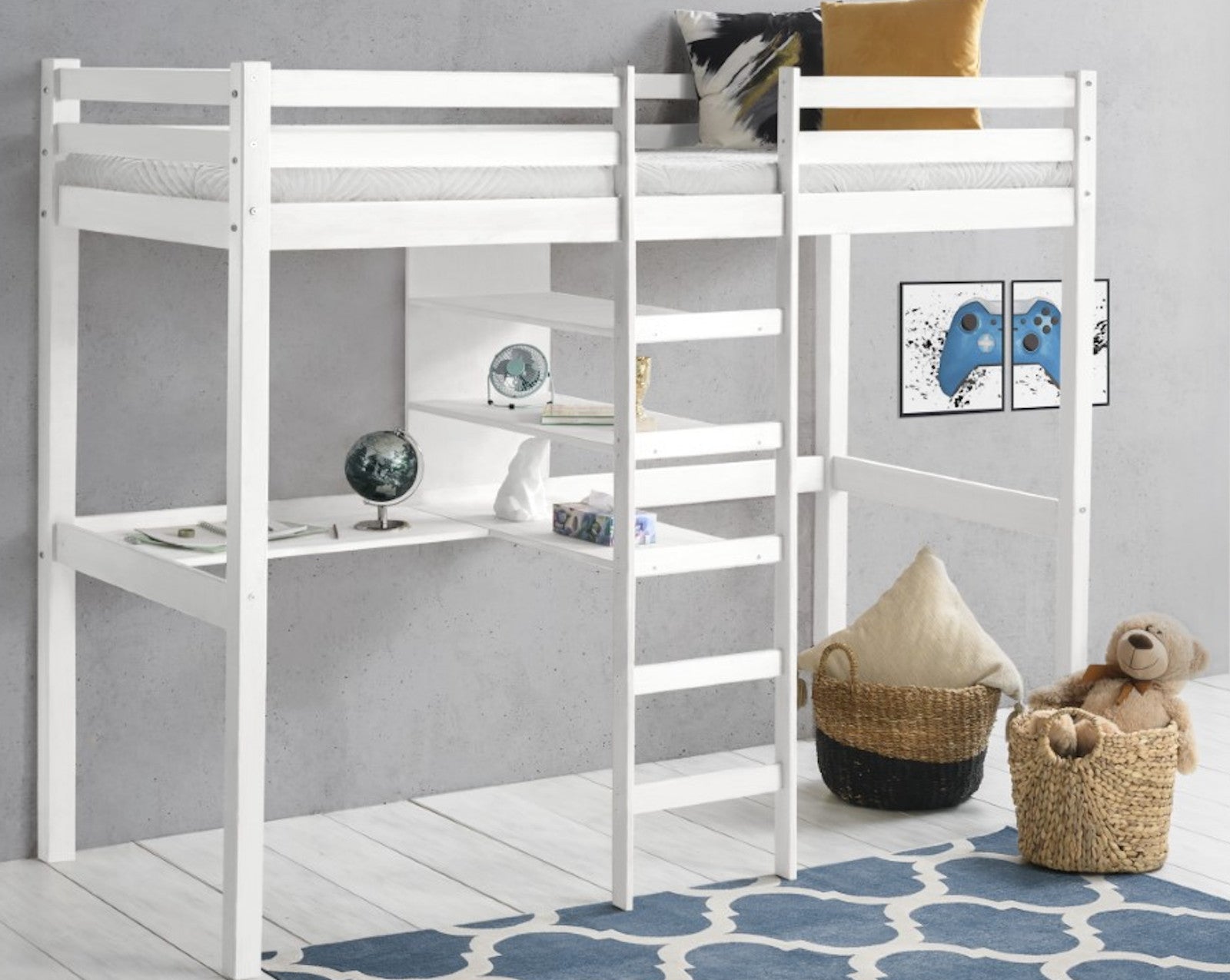 Kinderbett Hochbett mit Tisch Leiter Hochbett Spielbett Massiv Weiss Bett Hippo