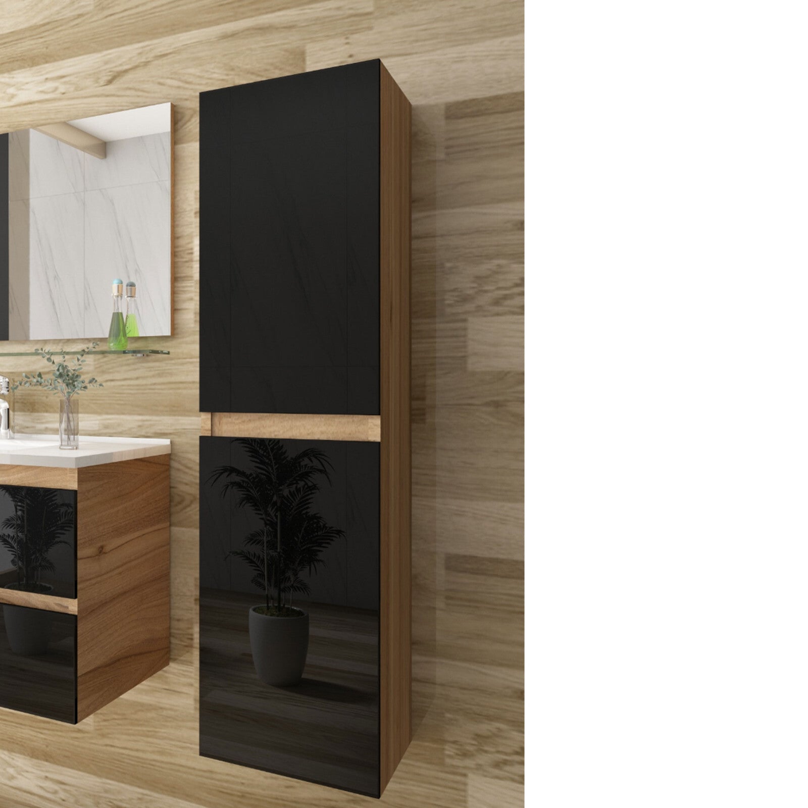 Badmöbel Set  Eiche /Schwarz Hochglanz Soft Closingssystem 90 cm Badezimmermöbel