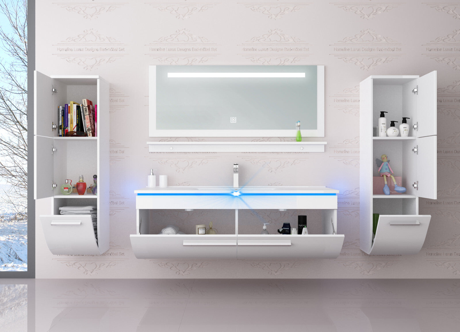Badmöbel set hochglanz weiß Badmöbel Set montiert Touch Led System 120 cm  Bad