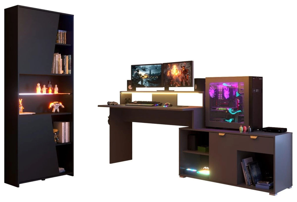 Gaming Set"Work"in schwarz und grau Gamingtisch und Schrank inkl.LED Farbwechsel
