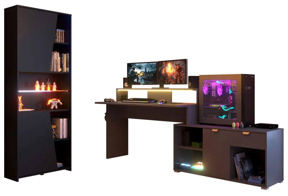 Gaming Set"Work"in schwarz und grau Gamingtisch und Schrank inkl.LED Farbwechsel
