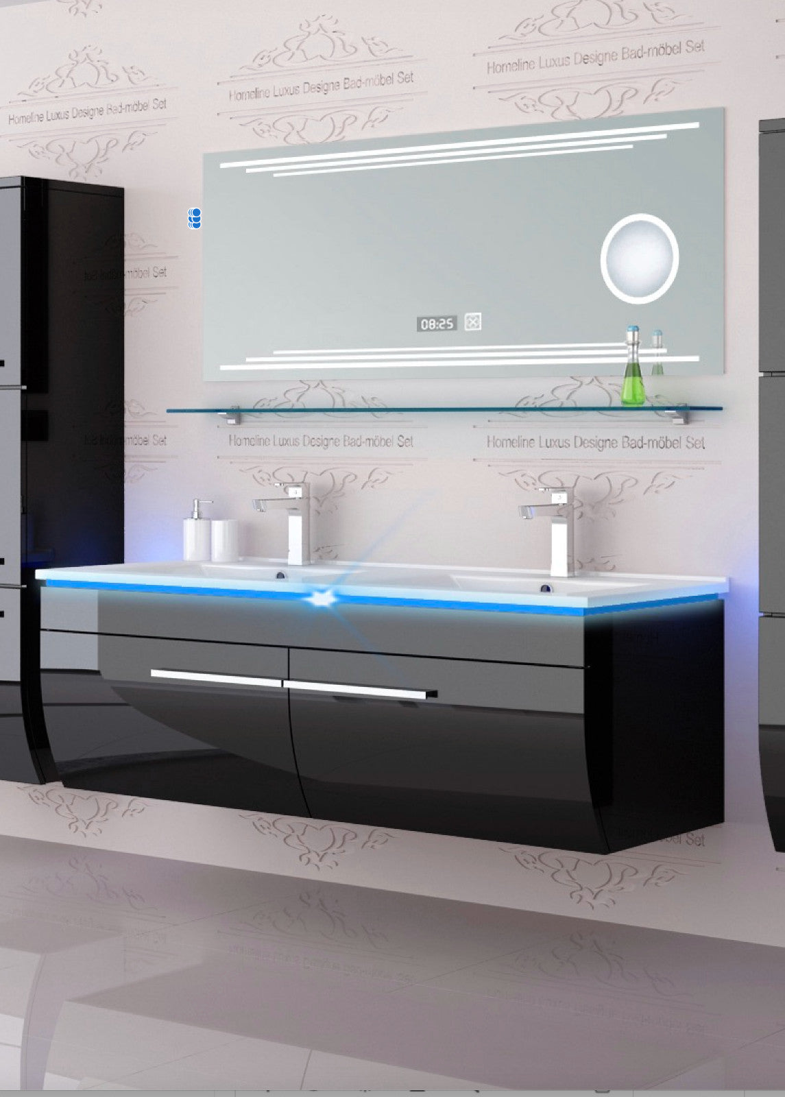Doppelwaschtisch Doppelwaschbecken Waschbecken 240 cm Schwarz LED  Badmöbel Set