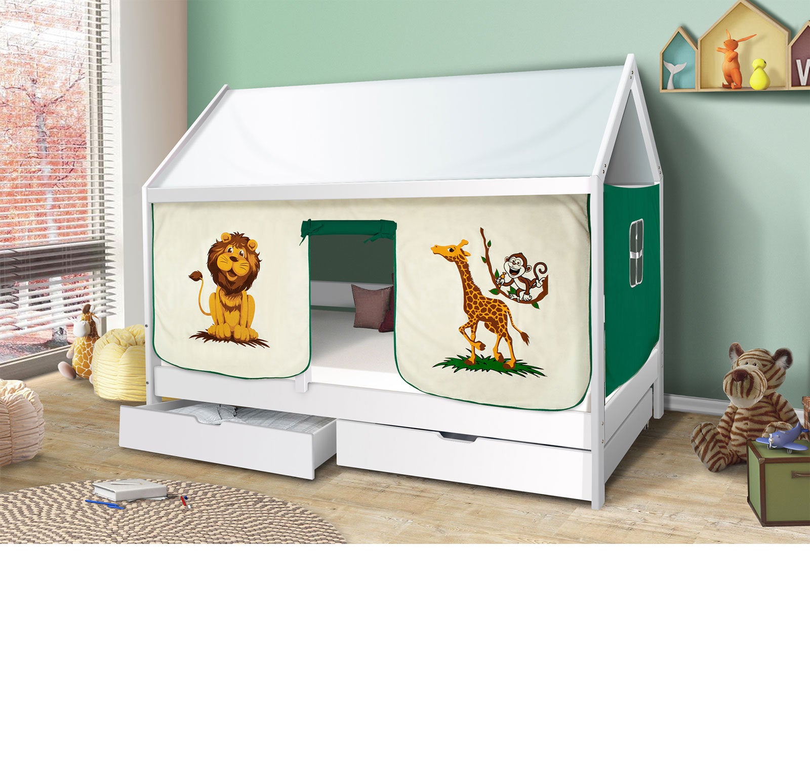 Kinderbett Massiv Hausbett Hochbett Spielbett Jugendbett 90x200 cm Hüttenbett  .