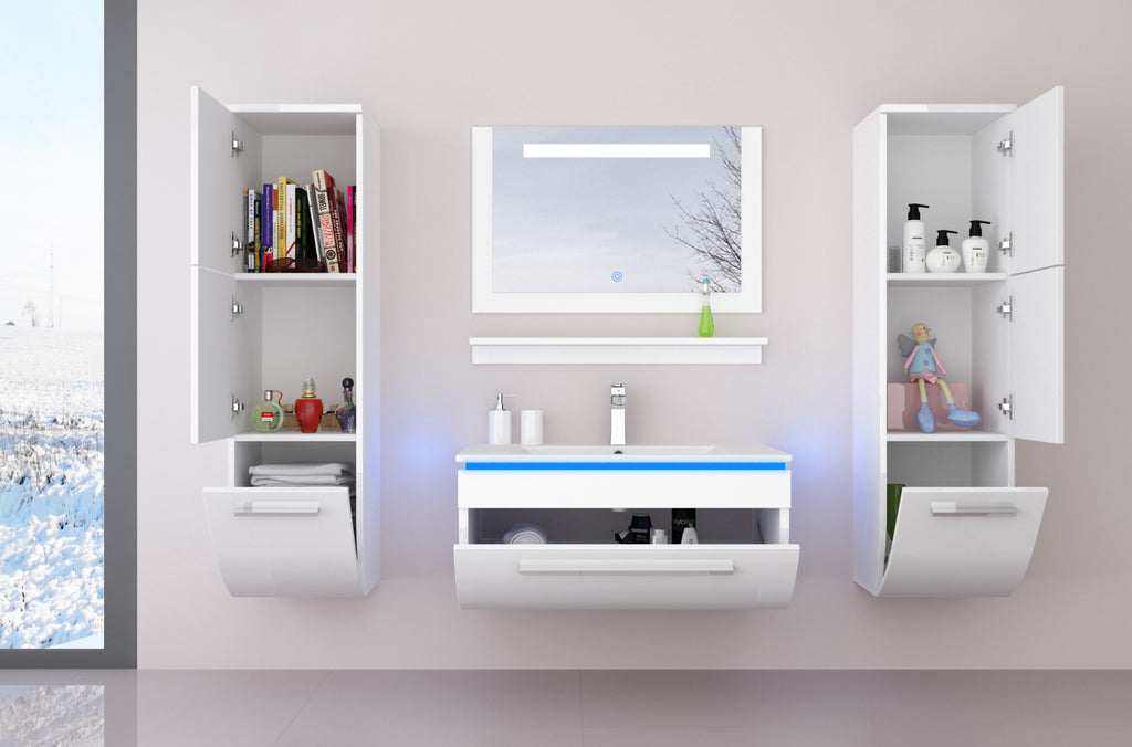 90 Badmöbel Set Weiss Komplett Hochglanz Badezimmermöbel 6 Teilige LED Bad  Weiß