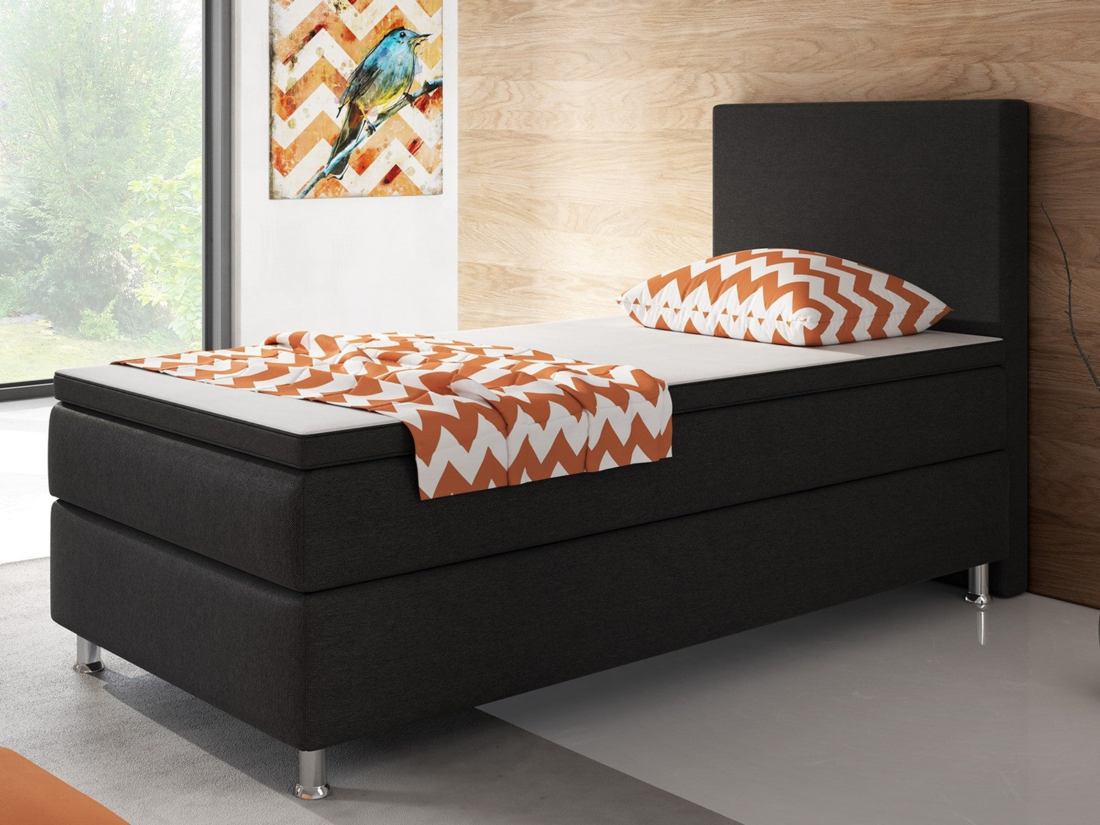 Boxspringbett Bett  90x200 Webstoff Schwarz Einzelbett Schlafzimmer modern