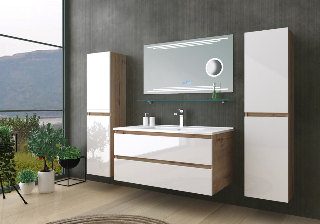 Badmöbel Set Eiche Weiß Badezimmermöbel Waschtisch Kosmetik Spiegel 60 90 120 cm