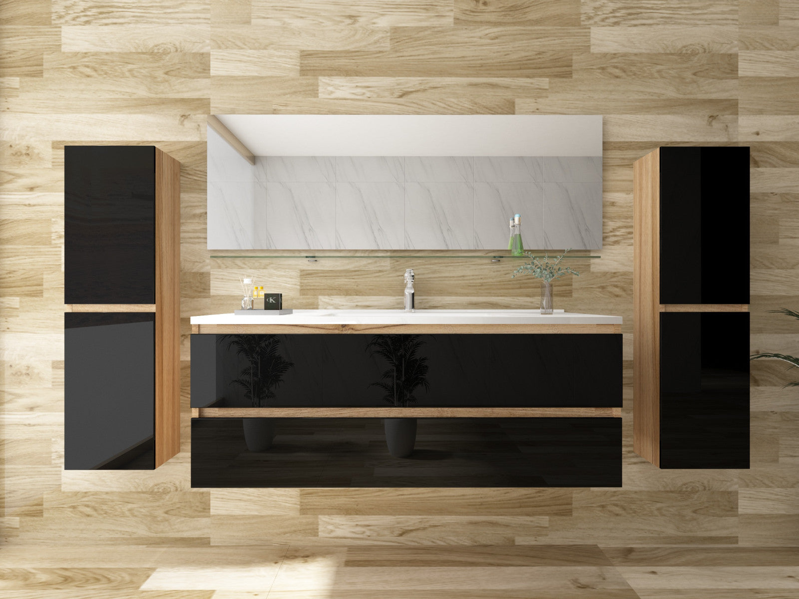 Badmöbel Set  Eiche / Schwarz Hochglanz SoftClosingssystem 120 Badezimmer Möbel