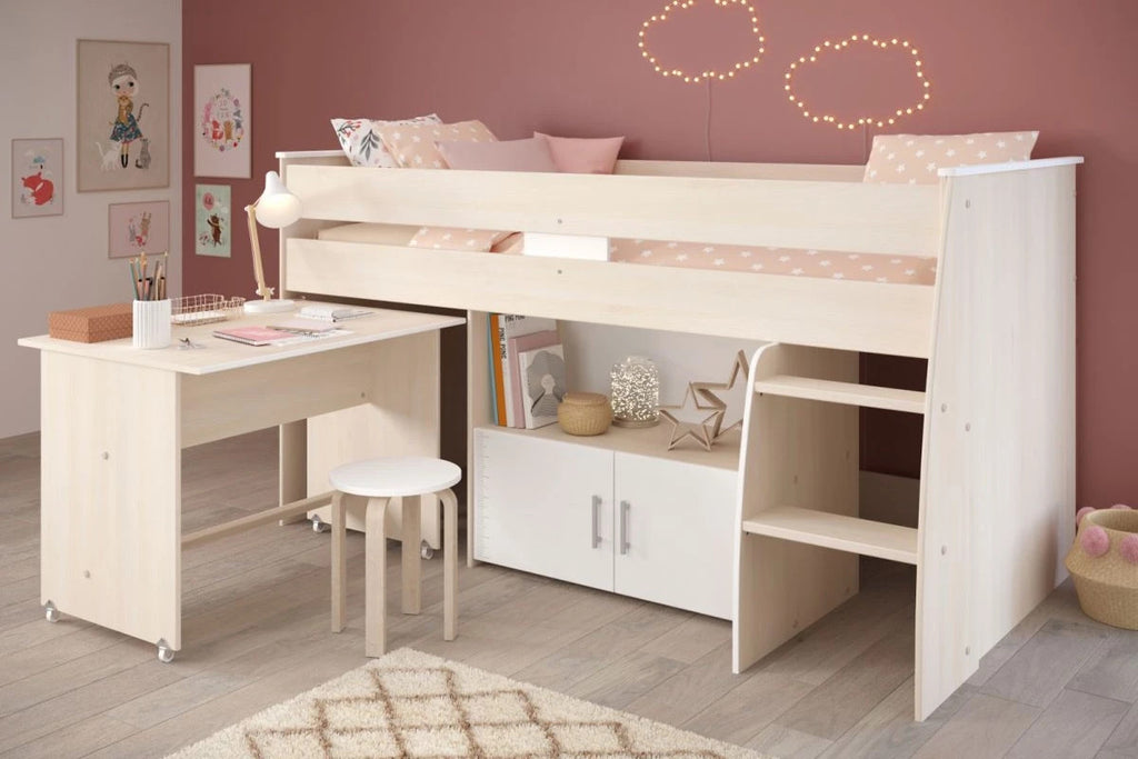 "Charly5"in Akazie und weiß Kleiderschrank und Hochbett mit Schreibtisch