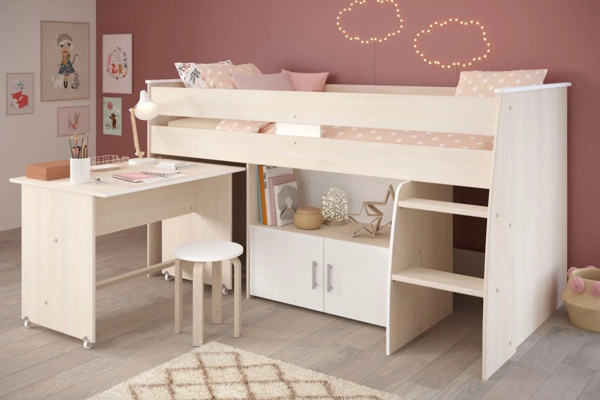 "Charly5"in Akazie und weiß Kleiderschrank und Hochbett mit Schreibtisch