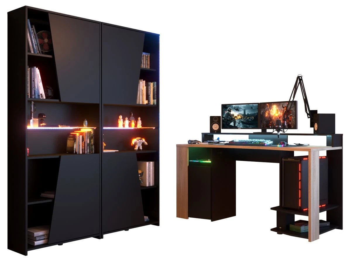 Gaming Set"Meta"in schwarz und Eiche Gamingtisch und Schrank inklLED Farbwechsel