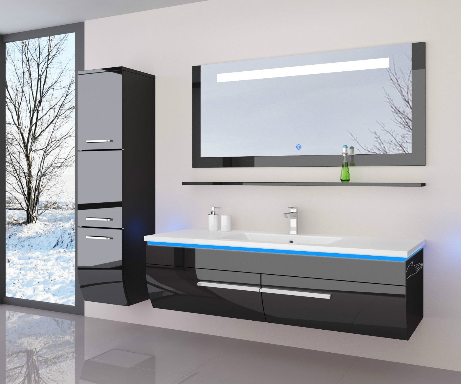 120 cm Badmöbel Set Schwarz Weiss Hochglanz LED Badezimmermöbel Komplett Bad 120