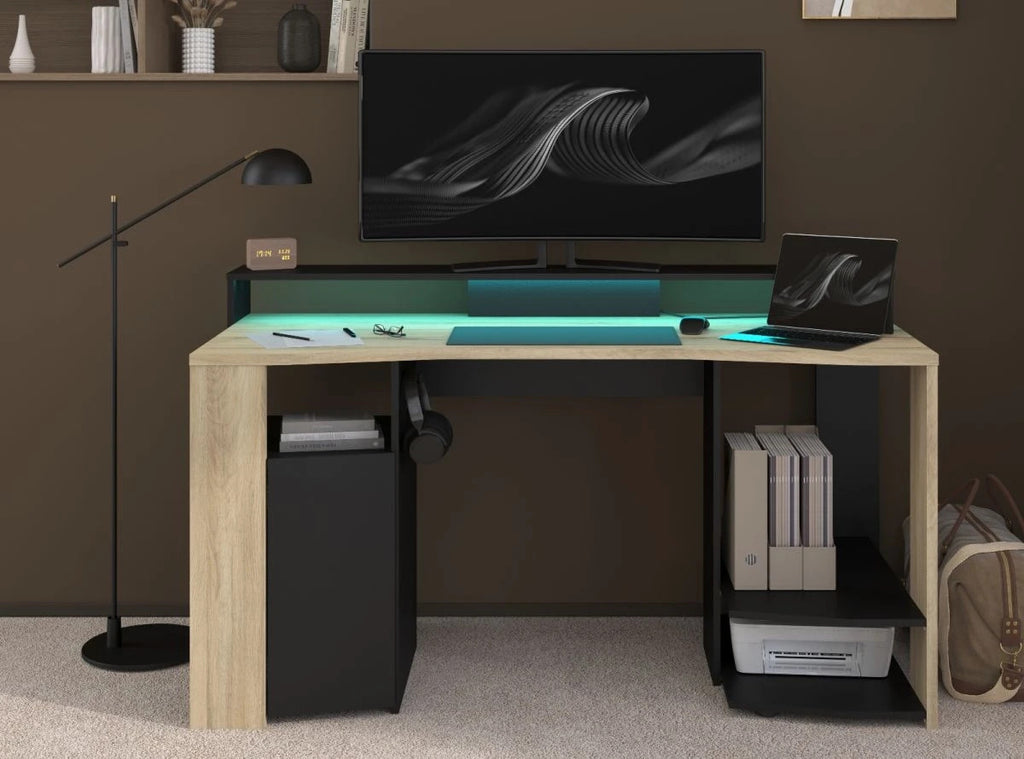 Gamingtisch"Meta"in Eiche und schwarz Gamer Schreibtisch inkl.LED  Farbwechsel
