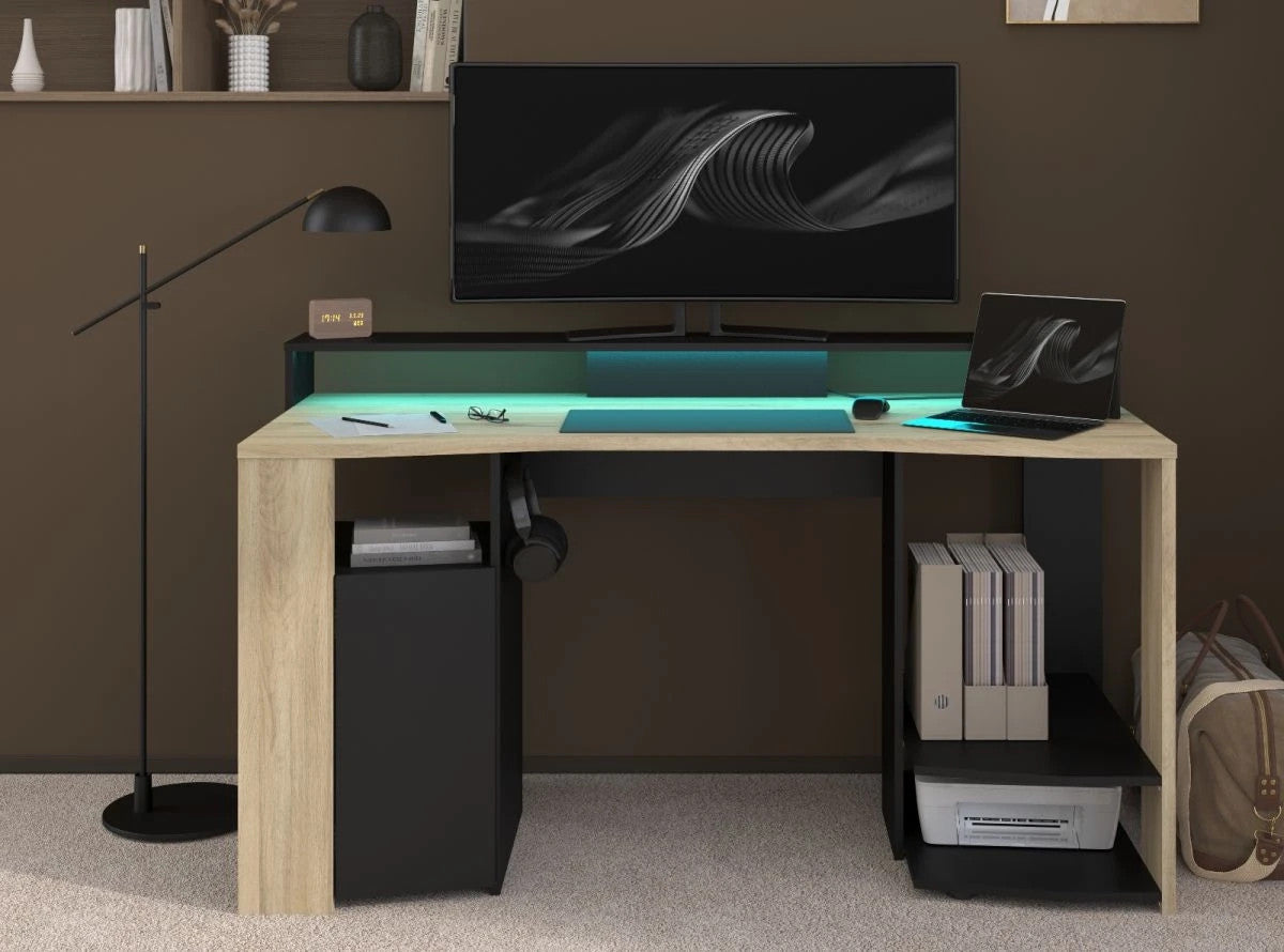 Gamingtisch"Meta"in Eiche und schwarz Gamer Schreibtisch inkl.LED  Farbwechsel