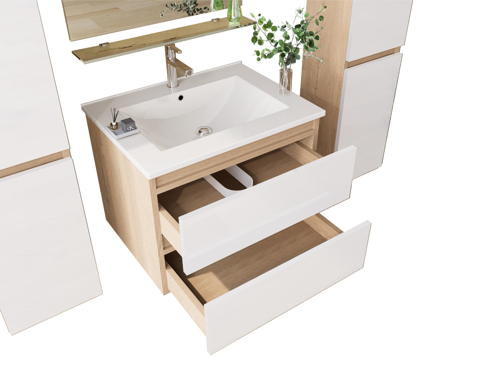 Badmöbel set Hochglanz 6 Tlg eiche / Weis Soft Close Badezimmer Möbel badmöbel