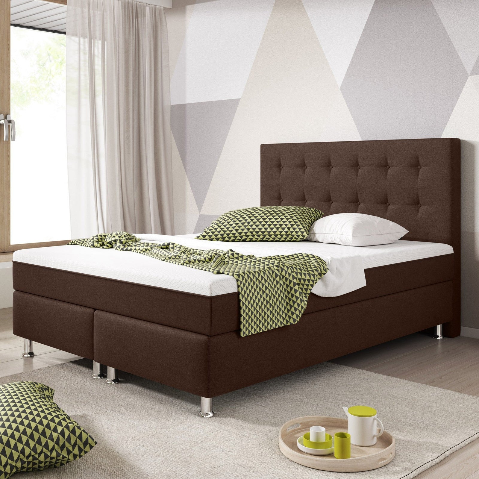 Boxspringbett  140x200 cm Webstoff Braun mit Topper-Einzelbett Schlafzimmer