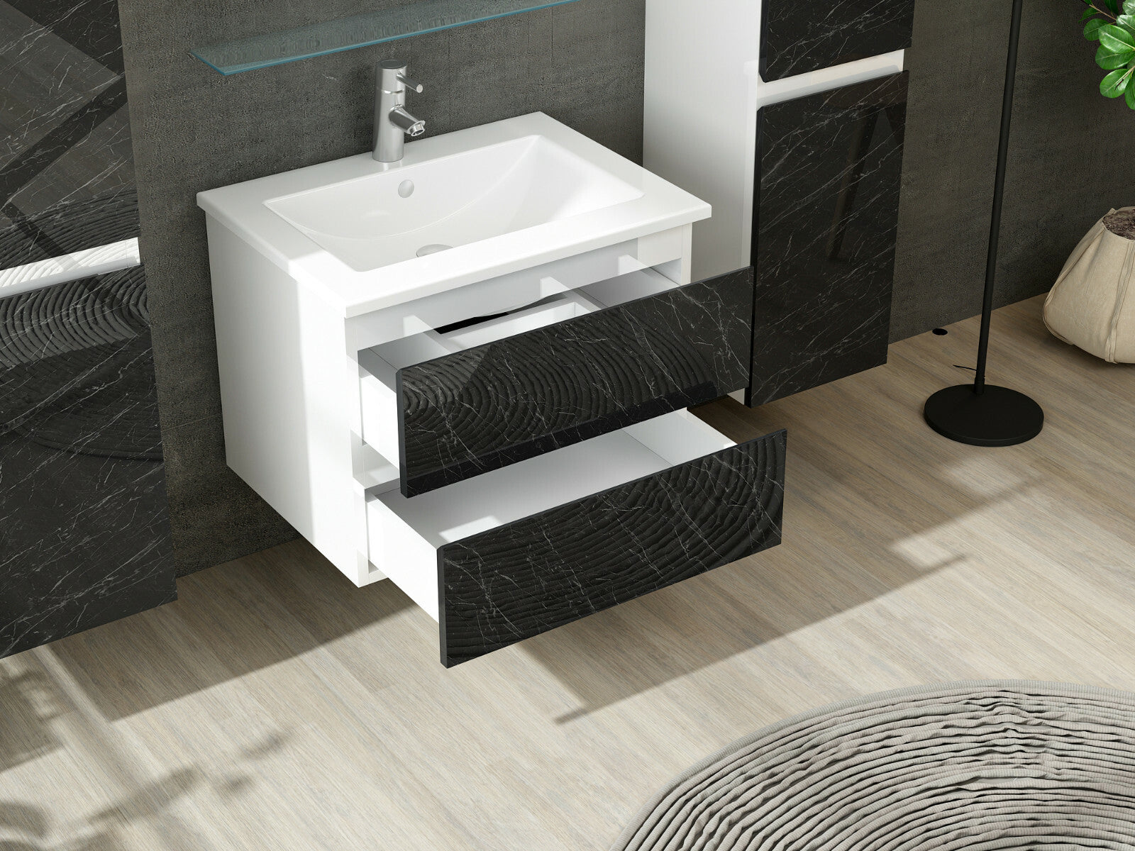 Badmöbel Set Weiss / Marmor Optik Hochglanz Badezimmermöbel 60   90 cm 120 Luuci