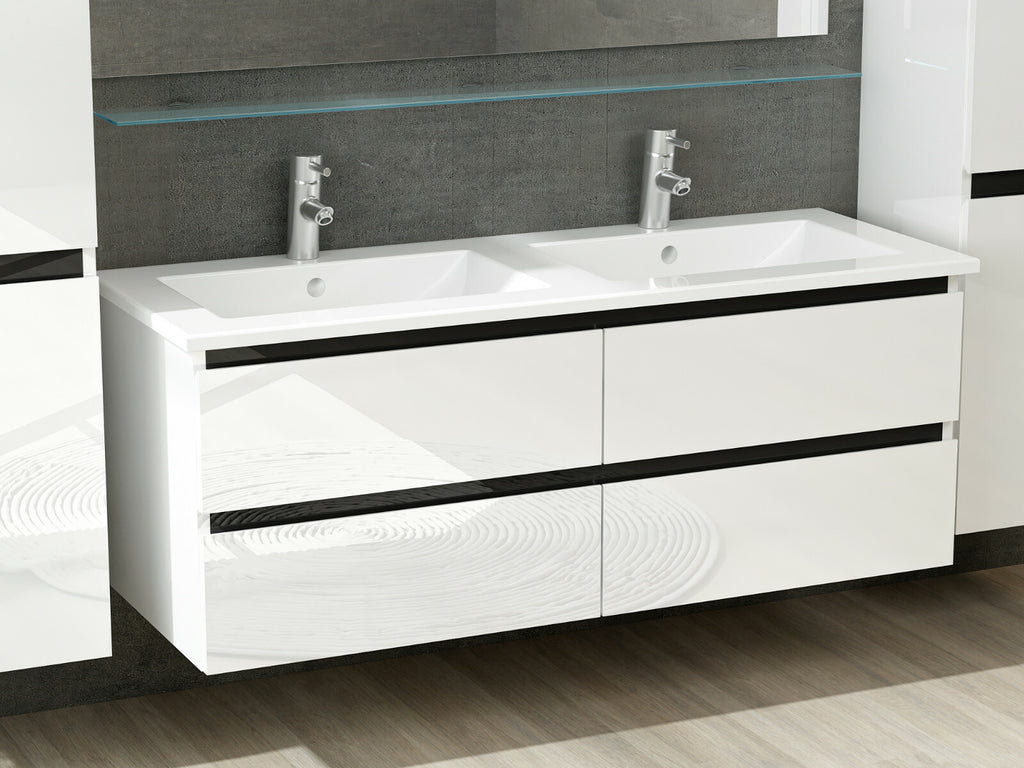 Doppelwaschtisch Weiß Hochglanz Doppel Waschbecken Badezimmer Badmöbel Set Denni