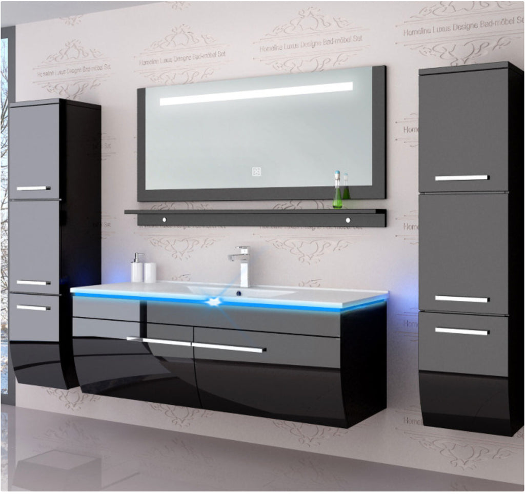 Badmöbel set hochglanz Schwarz Badmöbel Set montiert Touch Led System 120 cm Bad