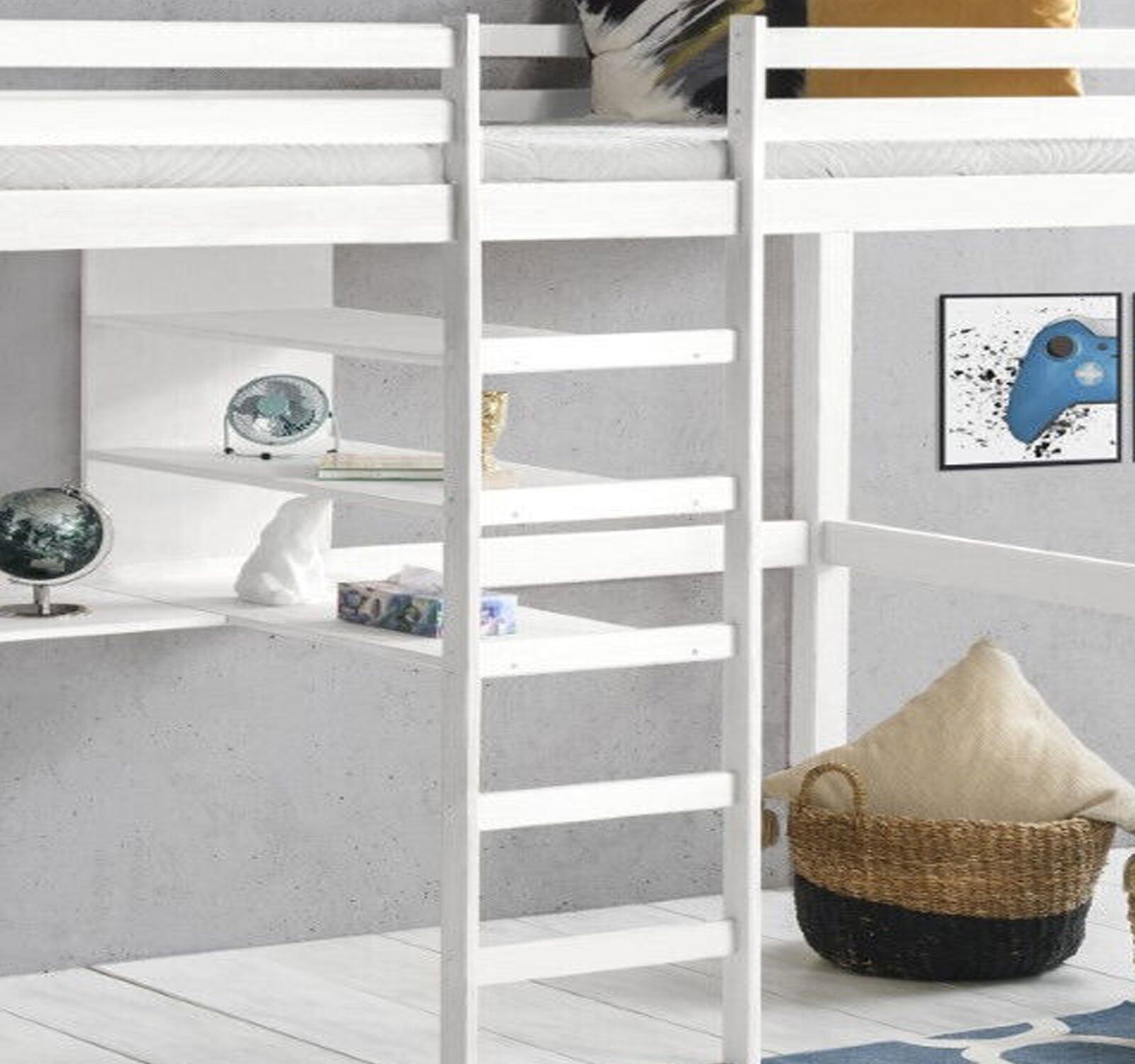 Kinderbett Hochbett mit Tisch Leiter Hochbett Spielbett Massiv Weiss Bett Hippo