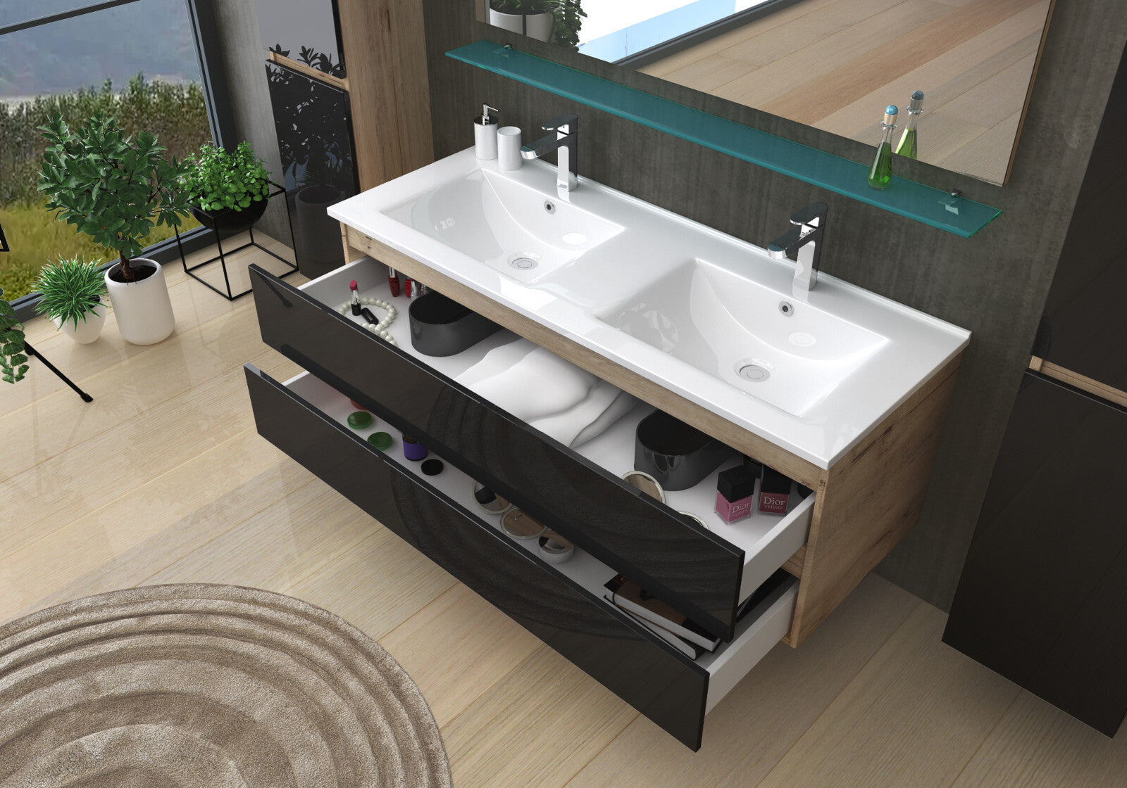 Doppelwaschtisch Schwarz  / Eiche Hochglanz  Doppel Waschbecken Badmöbel Set 120
