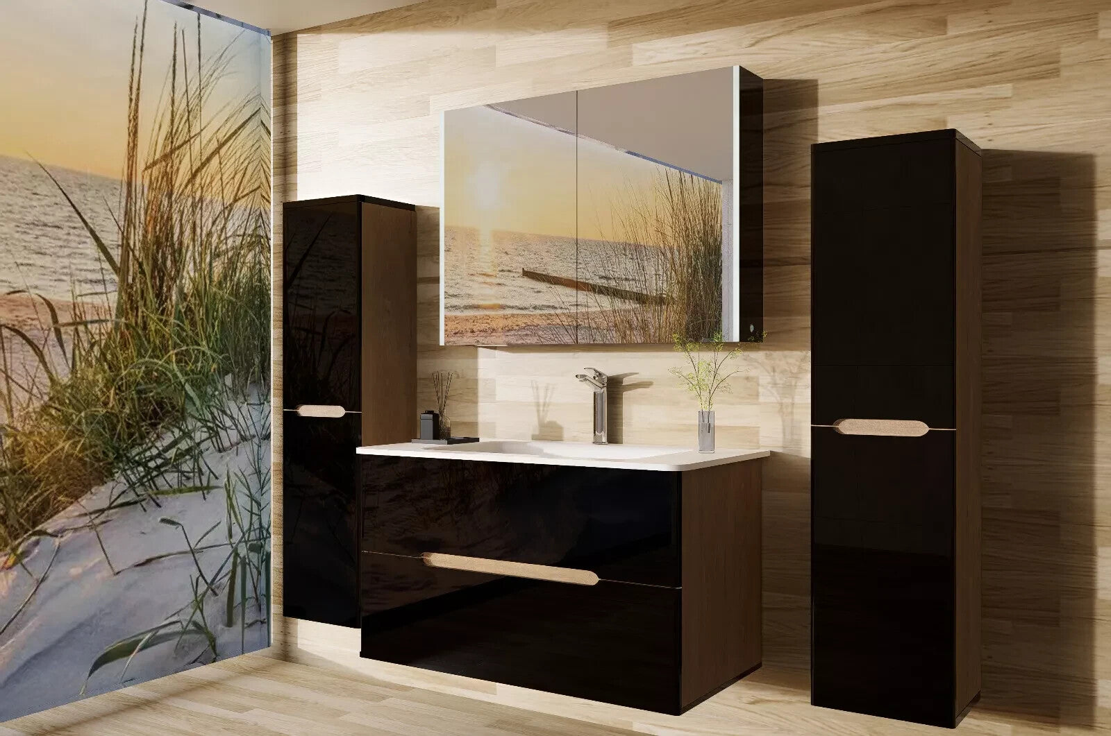 Badezimmermöbel set Badmöbel Hochglanz Eiche/ Schwarz Spiegelschrank Keramik LED