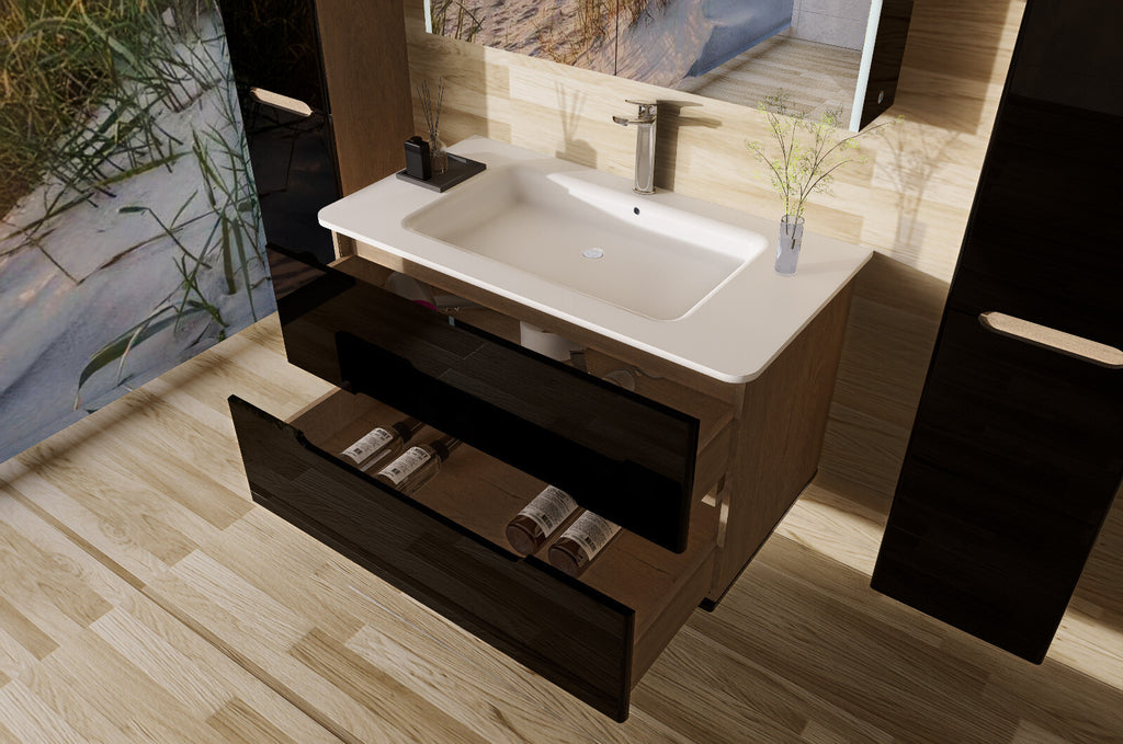 Badmöbel set mit waschbecken und spiegelschrank Hochglanz mit Keramik Becken Bad