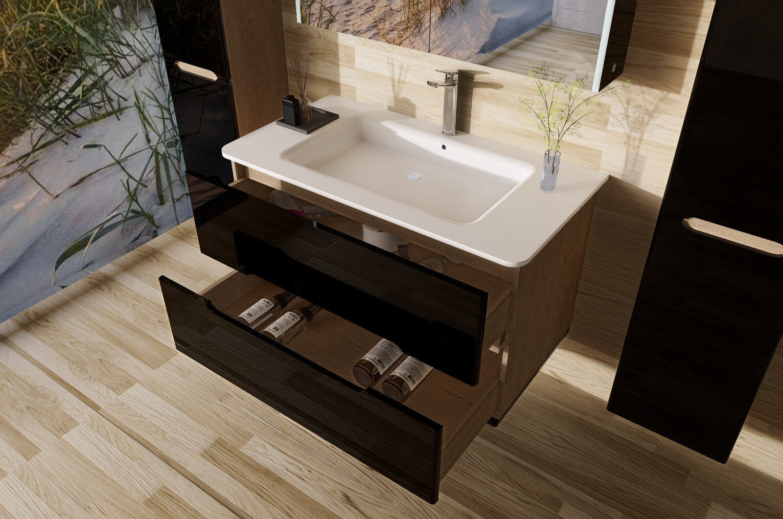Badmöbel set mit waschbecken und spiegelschrank Hochglanz mit Keramik Becken Bad