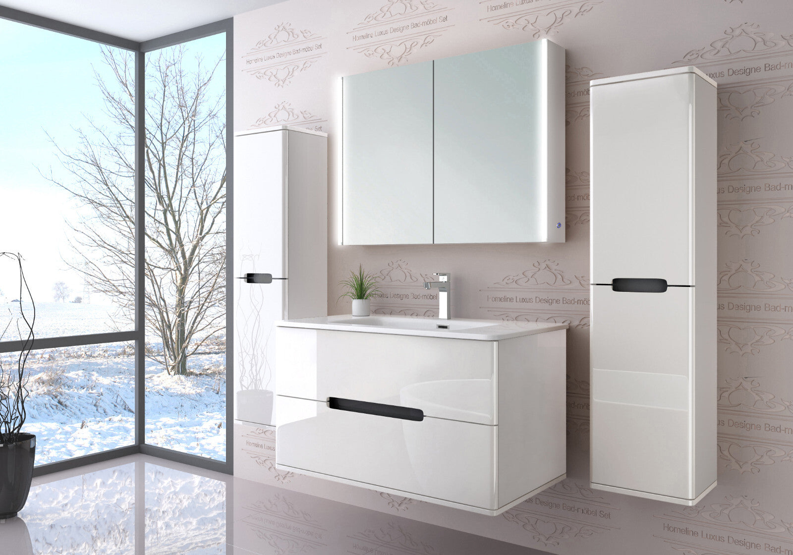 Badezimmermöbel set  Badmöbel  Hochglanz Spiegelschrank Keramik Weiß LED 90 cm