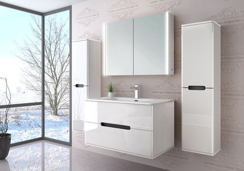 Badezimmermöbel set  Badmöbel  Hochglanz Spiegelschrank Keramik Weiß LED 90 cm