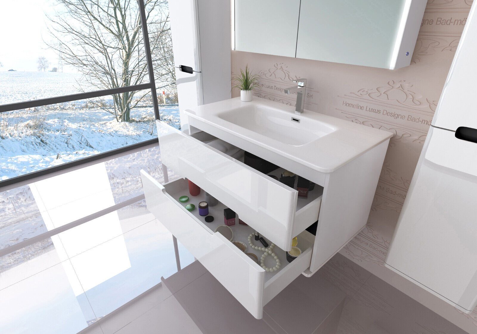 Badmöbel set mit waschbecken und spiegelschrank Hochglanz mit Keramik Becken 90