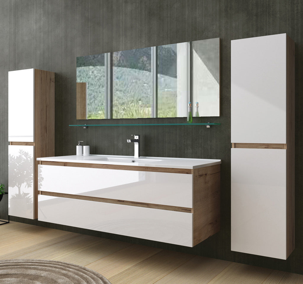 Badmöbel Set Eiche Weiß Badezimmermöbel Hochschrank Waschtisch Spiegel 60 90 120