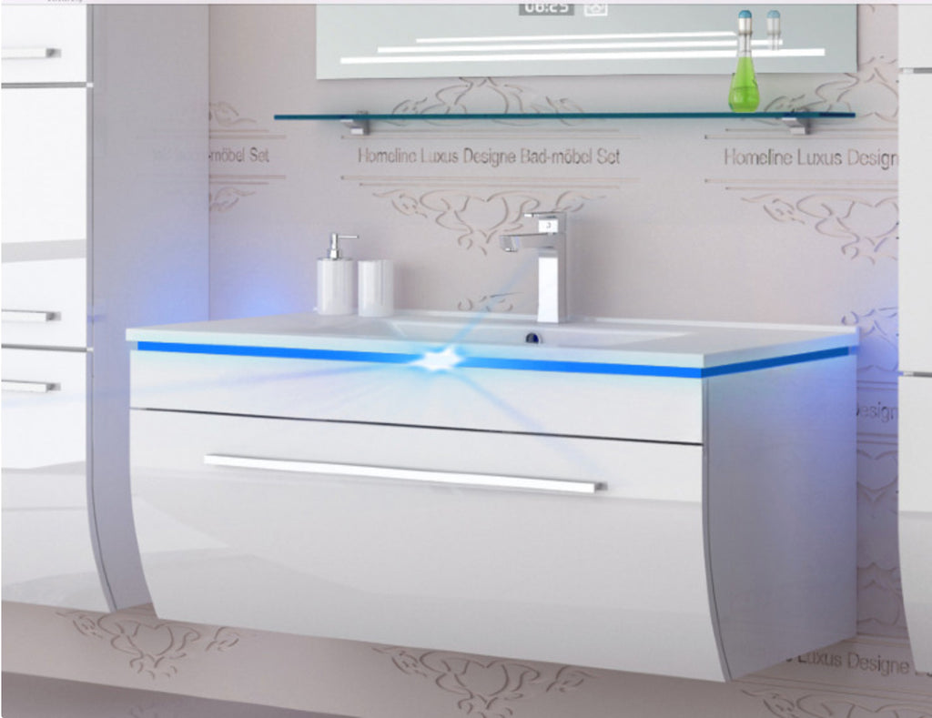 Badmöbel Set Badezimmer schränke Waschbecken Spiegel Weiß LED  Badmöbel Set 90