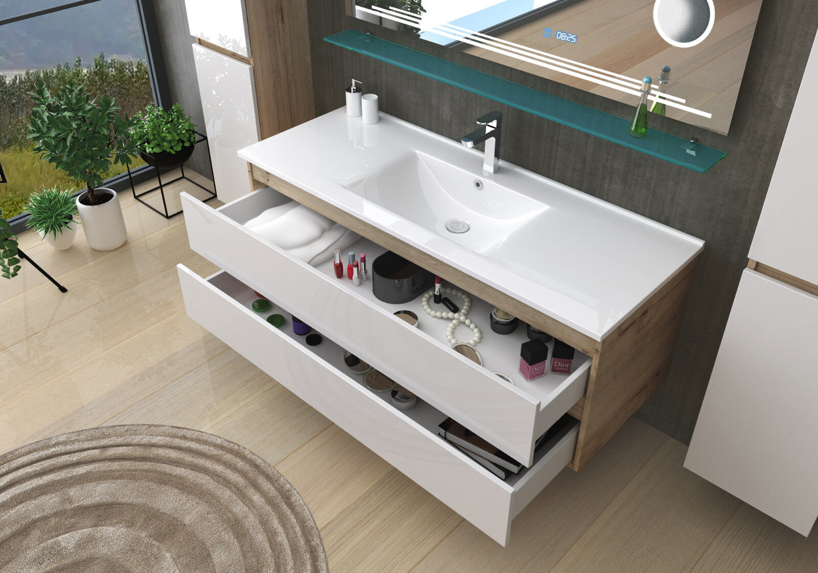 Badmöbel Set Eiche Weiß Badezimmermöbel Waschtisch Kosmetik Spiegel 60 90 120 cm