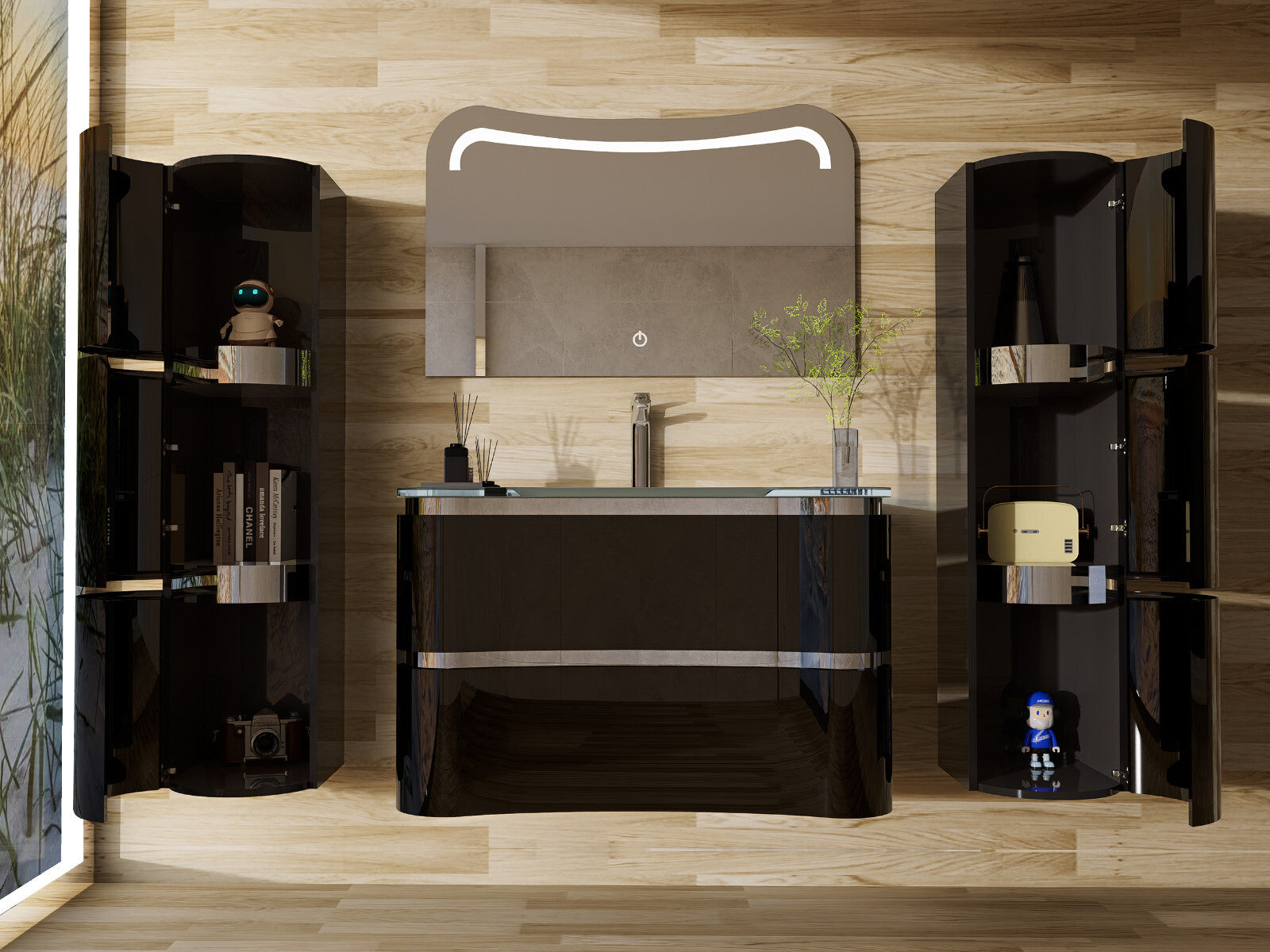 Badmöbel Set Schwarz / Weiss Lackiert Hochglanz Badezimmermöbel 90 cm Badezimmer