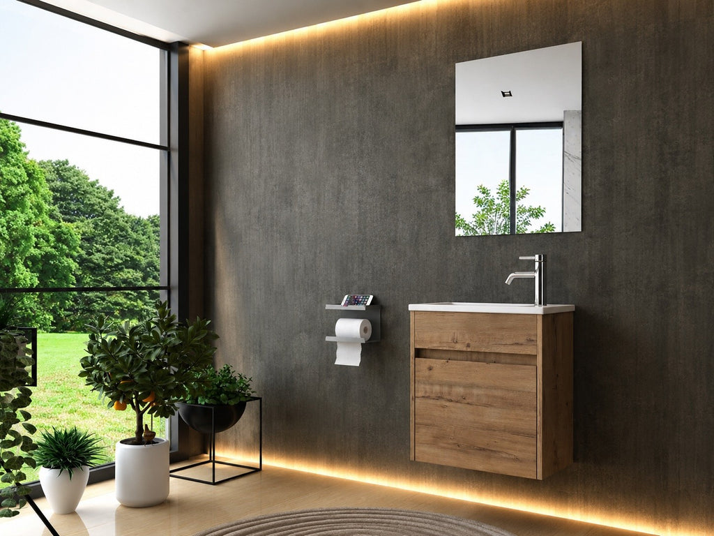 Badmöbel Set 46 cm Eiche Badezimmer Möbel Schränke Spiegel Keramik Becken Bad 46