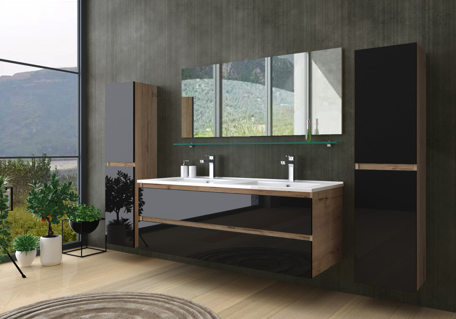 Doppelwaschtisch Schwarz  / Eiche Hochglanz  Doppel Waschbecken Badmöbel Set 120