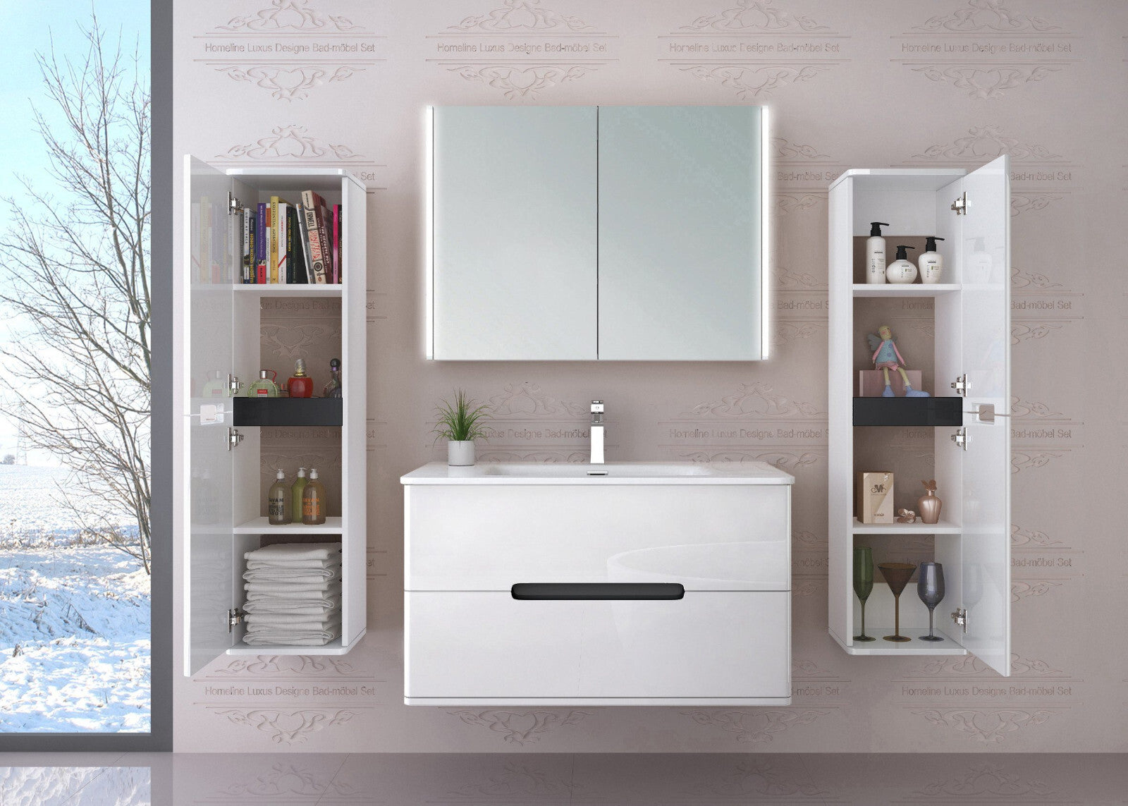 Badmöbel set Badezimmermöbe Hochglanz Spiegelschrank Keramik  Schwarz / Weiß / E