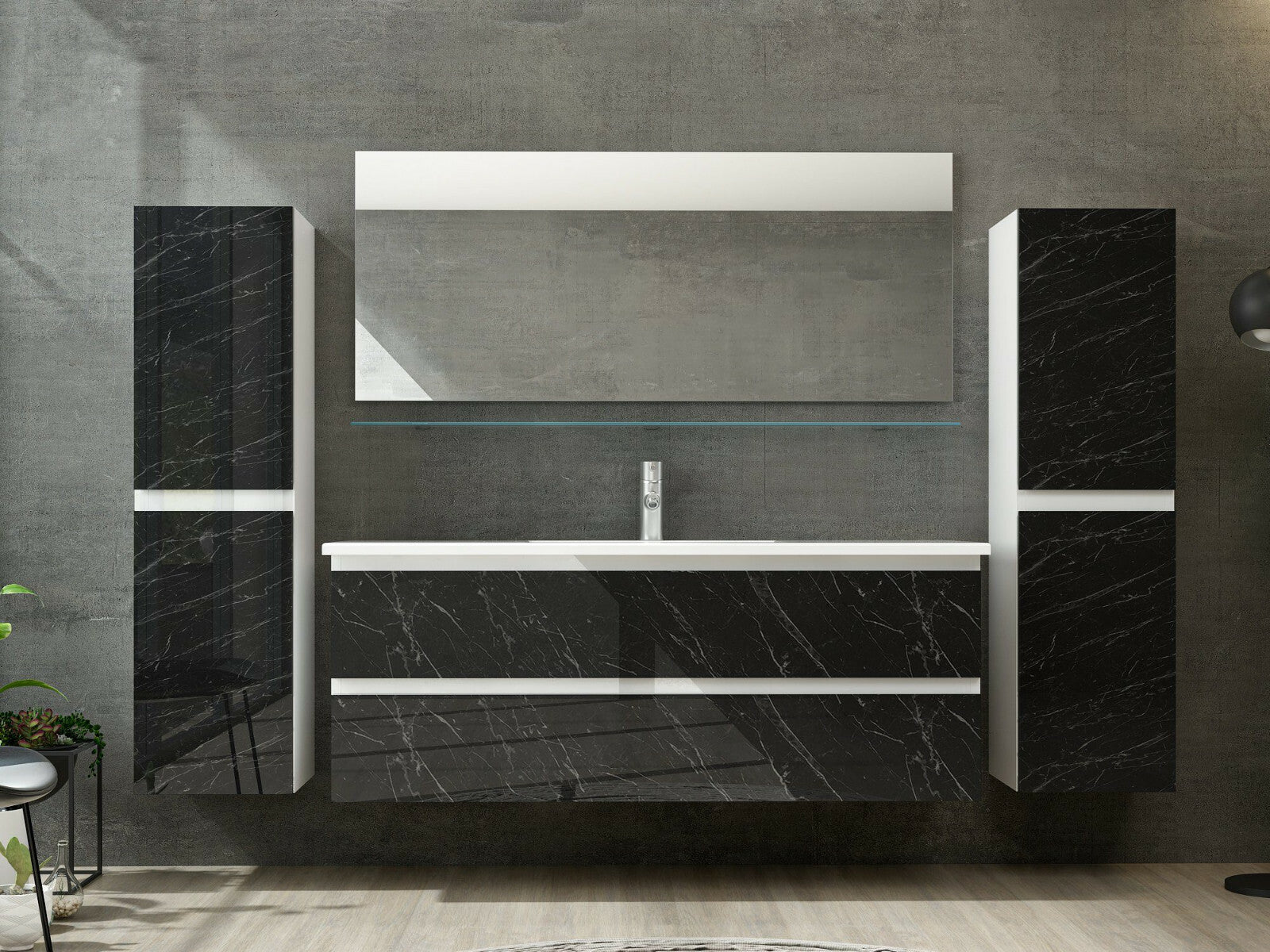 Badmöbel Set Weiss / Marmor Optik Hochglanz Badezimmermöbel 60   90 cm 120 Luuci