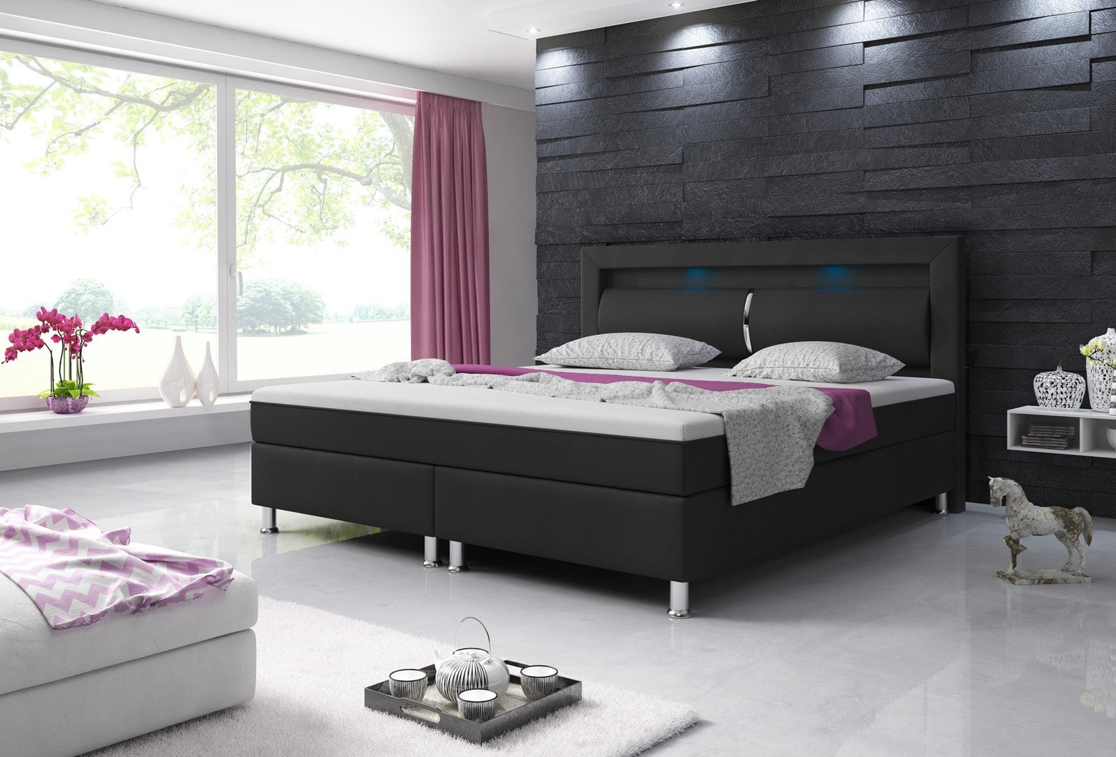 Boxspringbett Milano 180x200 cm Kunstleder Schwarz mit Topper-Optik