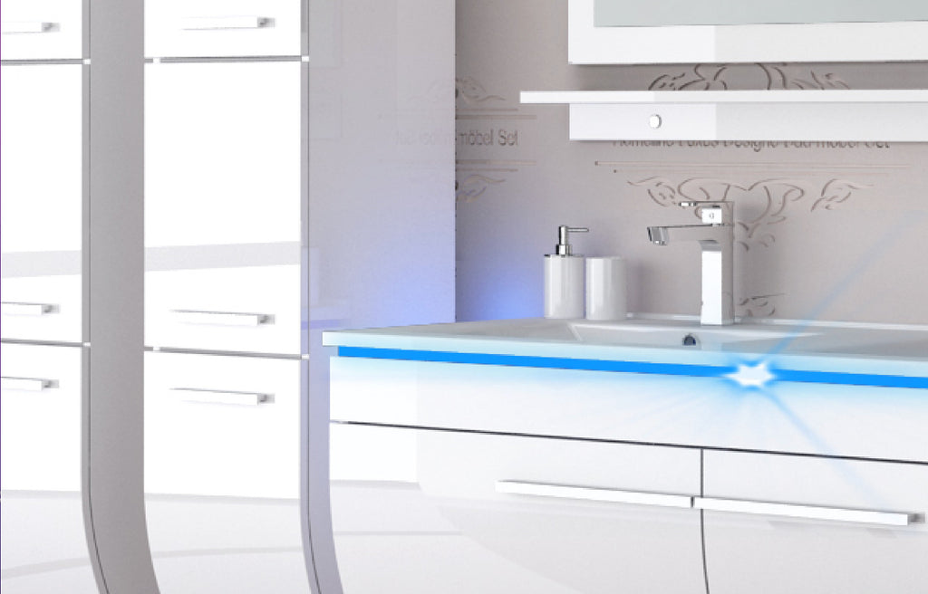 Doppelwaschtisch 240 cm Weiss Hochglanz Doppel Waschbecken Badmöbel Set Led Syts