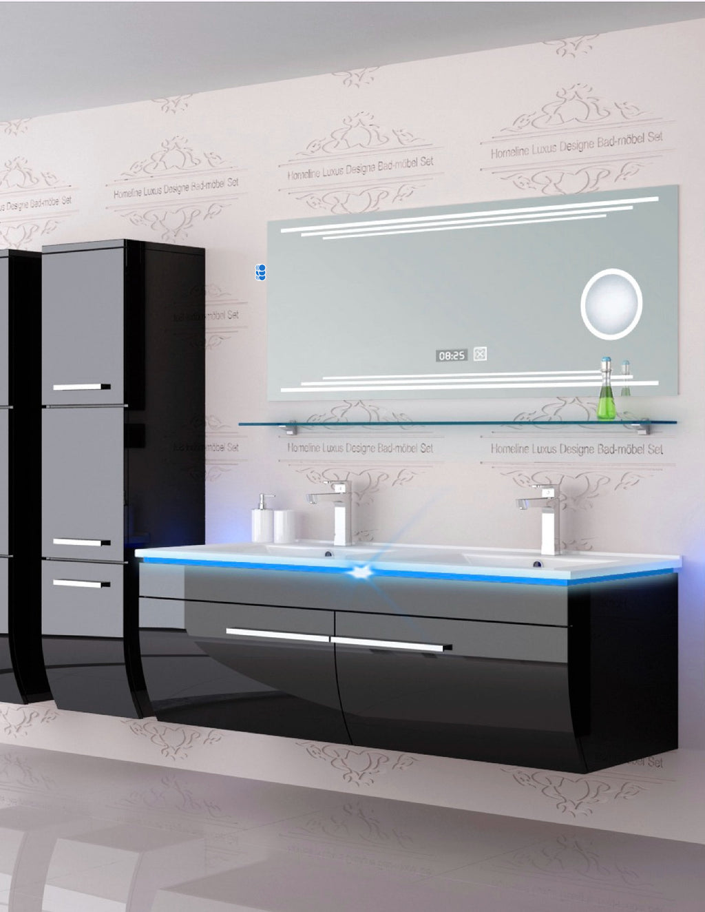 Doppelwaschtisch Doppelwaschbecken Waschbecken 240 cm Schwarz LED  Badmöbel Set